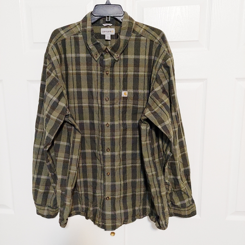 Men Carhartt Green Plaid Long Sleeve 100% Cotton Relaxed Fit Shirt